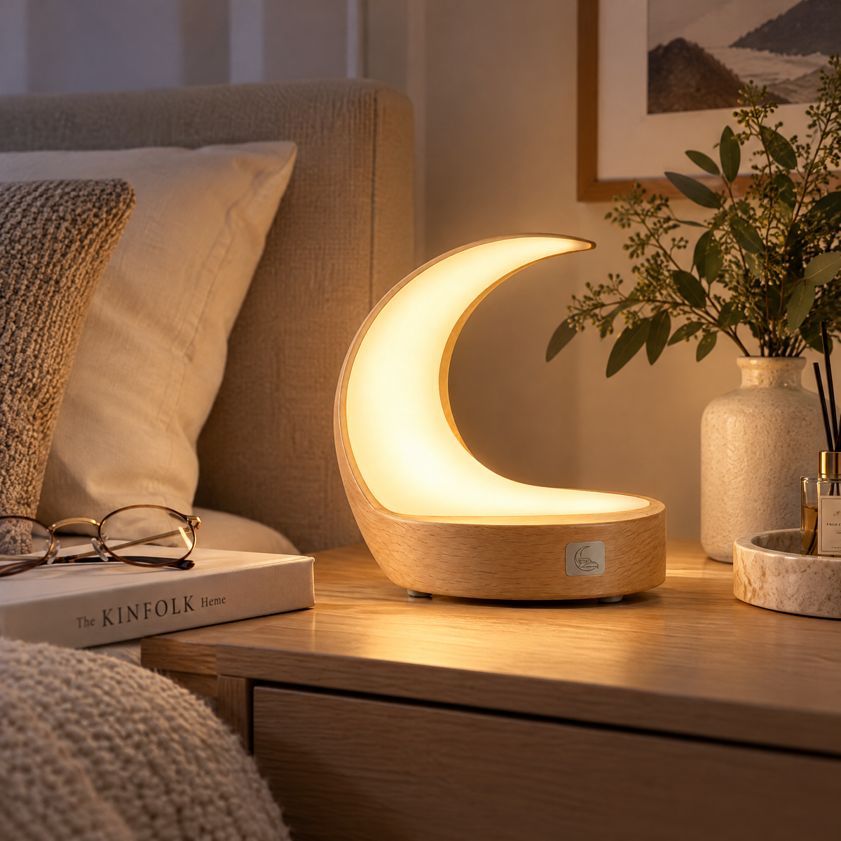 Velmoraeqw™ LunaGlow Crescent Bedside Lamp – Warm Ambient Night Light with Sculptural Moon Design & Wood-Style Base