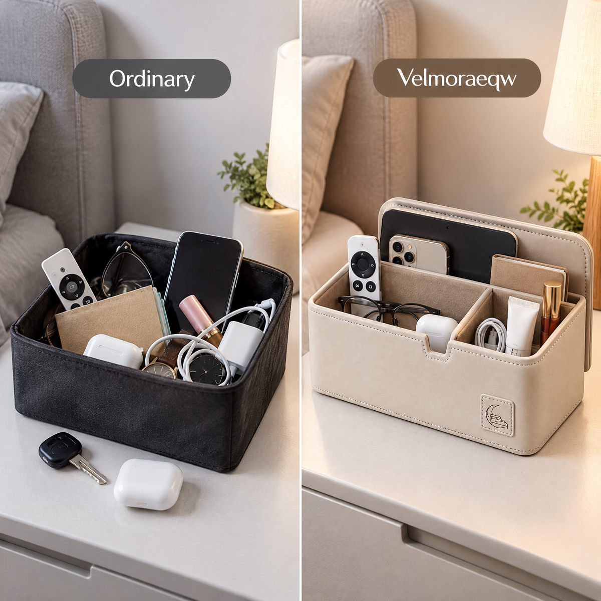 Velmoraeqw™ Bedside Essentials Organizer – Structured Multi-Compartment Nightstand Storage Box with Soft Lined Interior