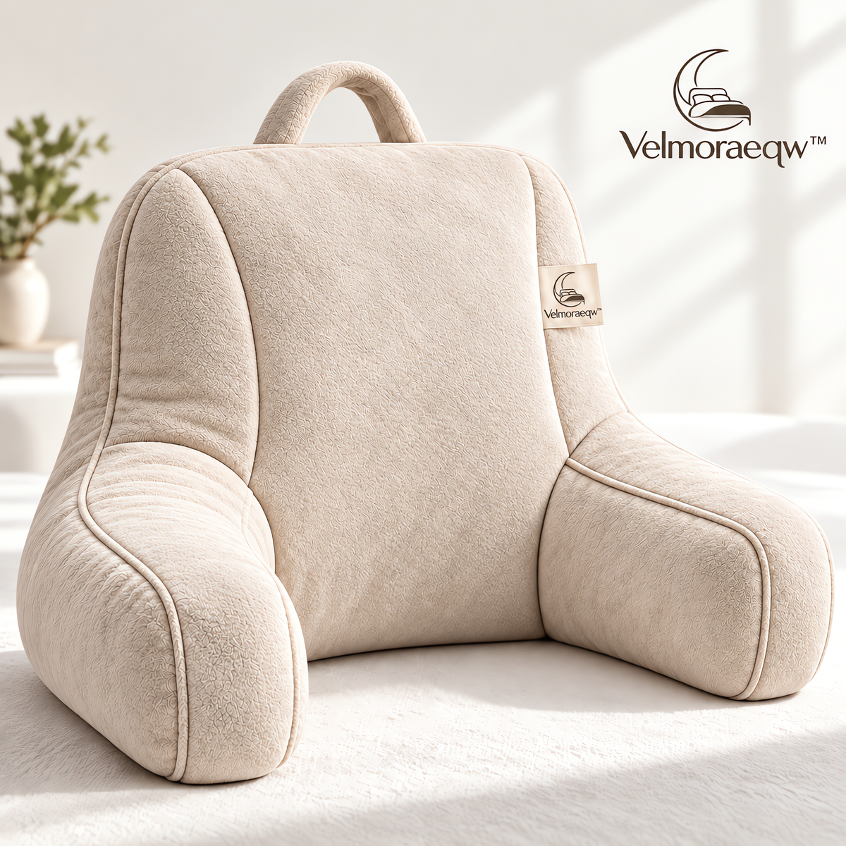 Velmoraeqw™ CozyNest Bed Backrest Pillow – Plush Reading Support Cushion with Armrests & Carry Handle