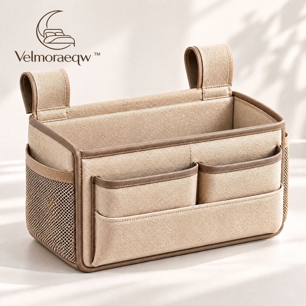 Velmoraeqw™ Bedside Hanging Organizer – Multi-Pocket Bed Caddy with Large Main Compartment, Side Mesh Pockets & Secure Hanging Straps