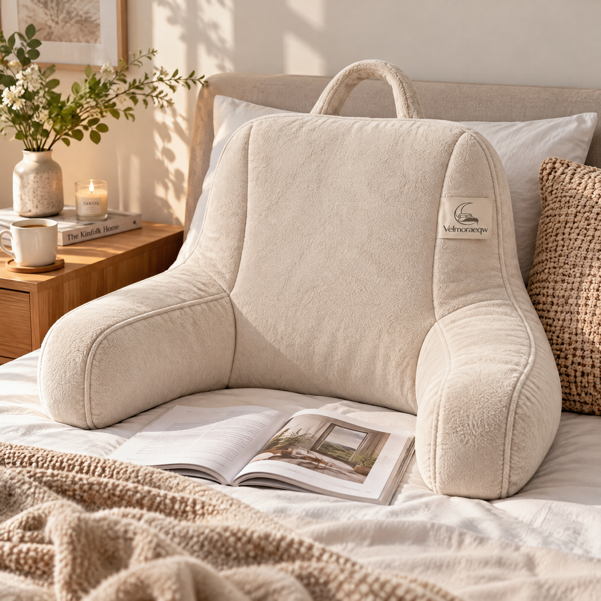 Velmoraeqw™ CozyNest Bed Backrest Pillow – Plush Reading Support Cushion with Armrests & Carry Handle