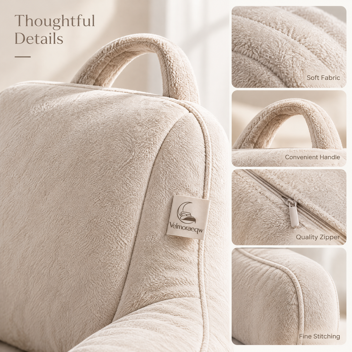 Velmoraeqw™ CozyNest Bed Backrest Pillow – Plush Reading Support Cushion with Armrests & Carry Handle