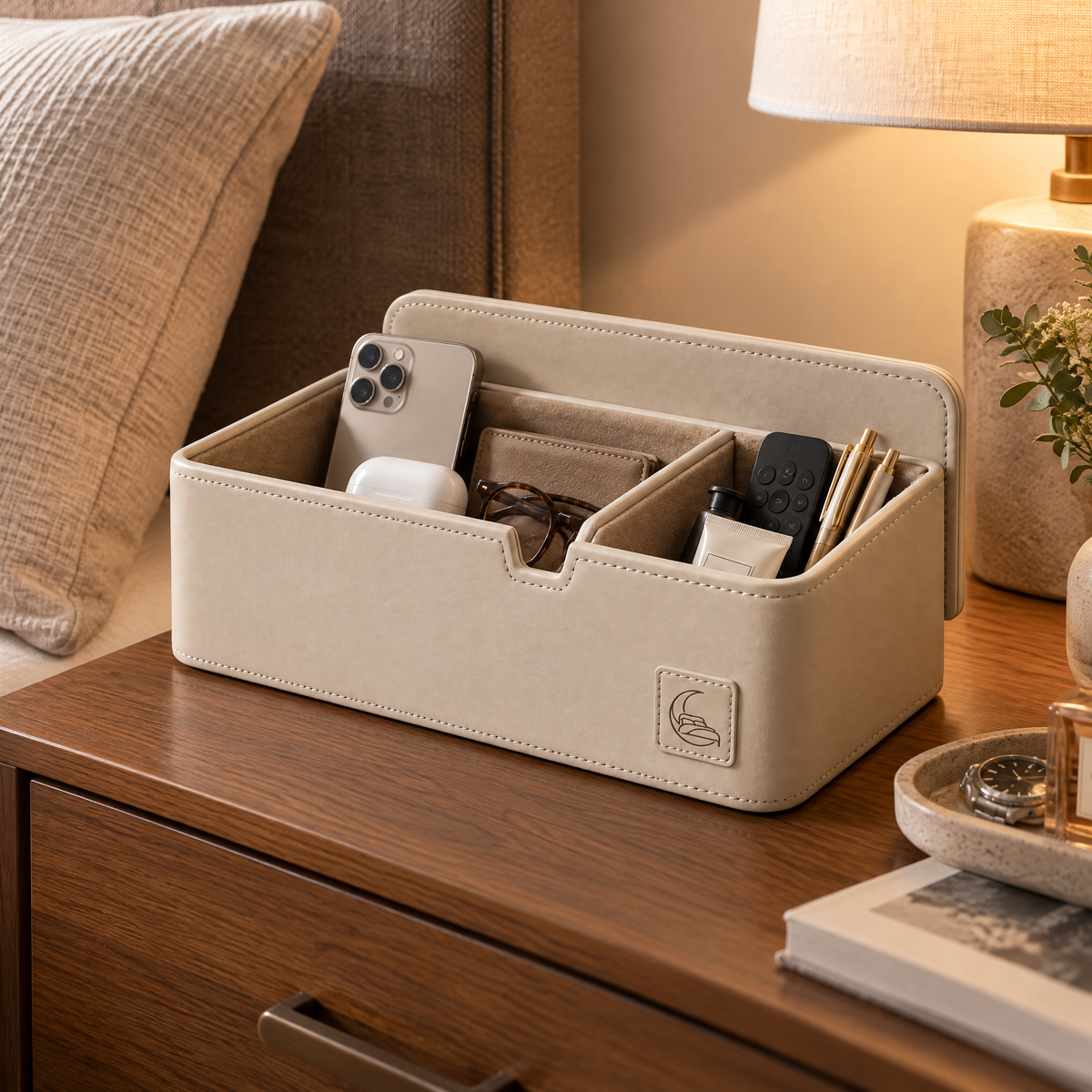 Velmoraeqw™ Bedside Essentials Organizer – Structured Multi-Compartment Nightstand Storage Box with Soft Lined Interior