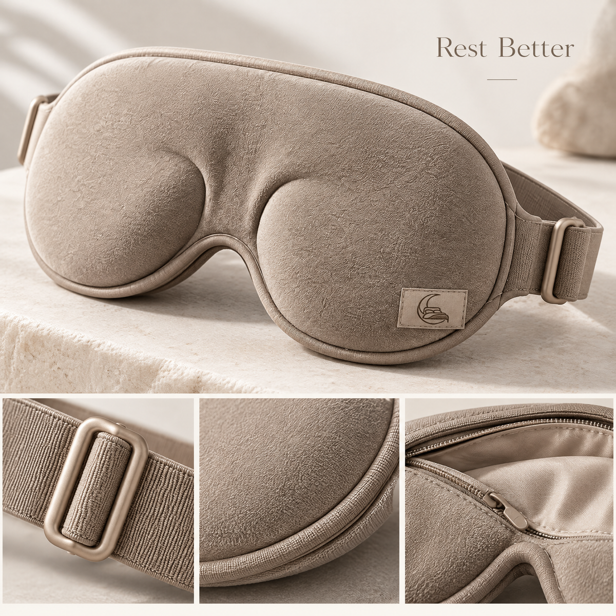 Velmoraeqw™ MoonEase 3D Contoured Sleep Mask – Pressure-Free Eye Cup Design with Adjustable Strap & Soft Comfort Fabric