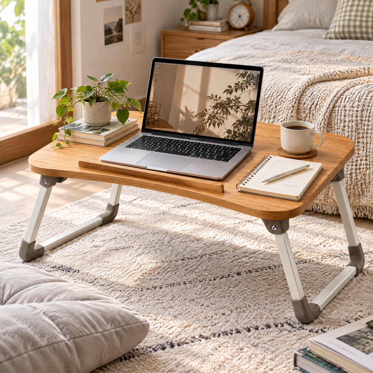 Velmoraeqw™ BedEase Folding Bed Tray Table – Portable Laptop & Breakfast Desk with Bamboo-Style Top and Foldable Legs