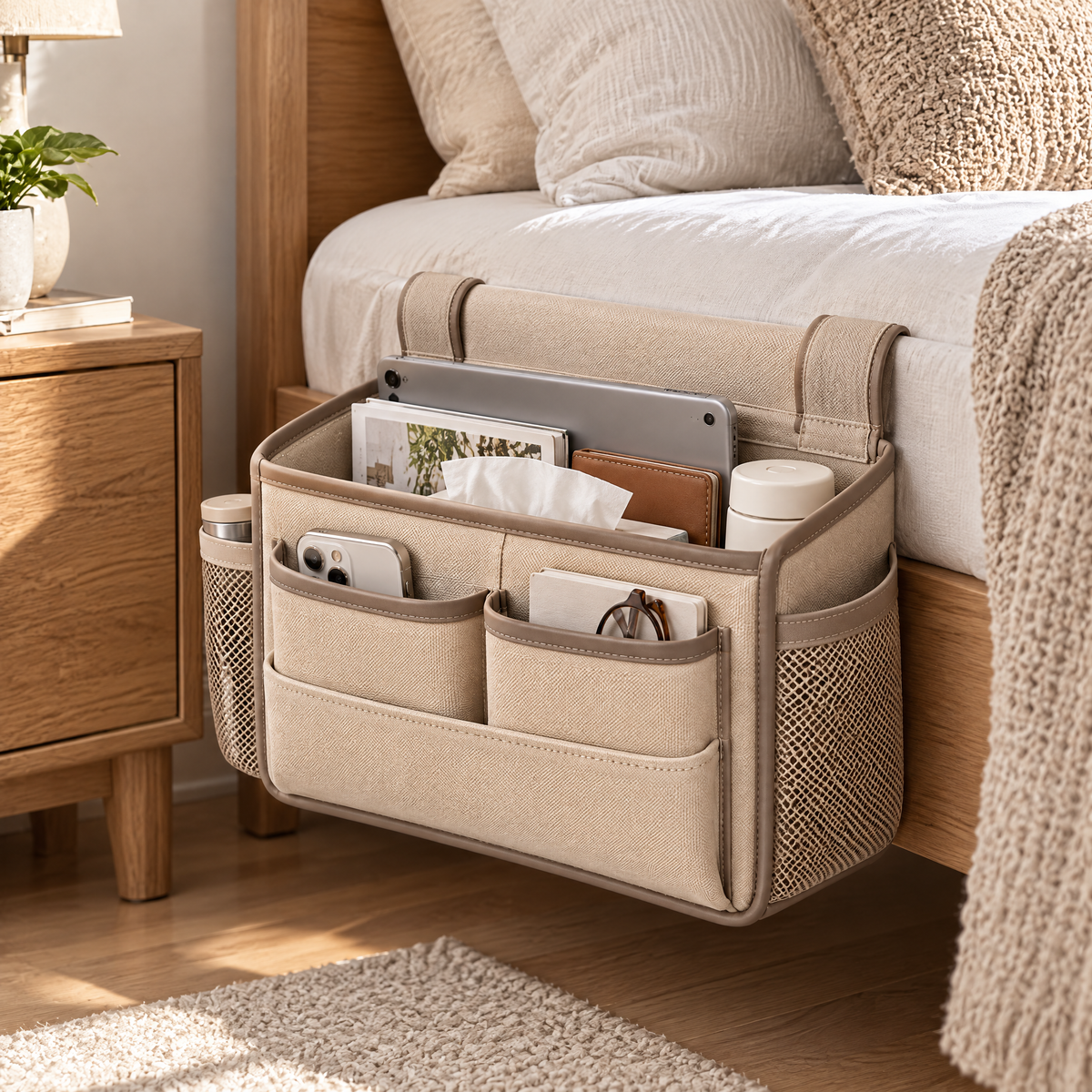 Velmoraeqw™ Bedside Hanging Organizer – Multi-Pocket Bed Caddy with Large Main Compartment, Side Mesh Pockets & Secure Hanging Straps