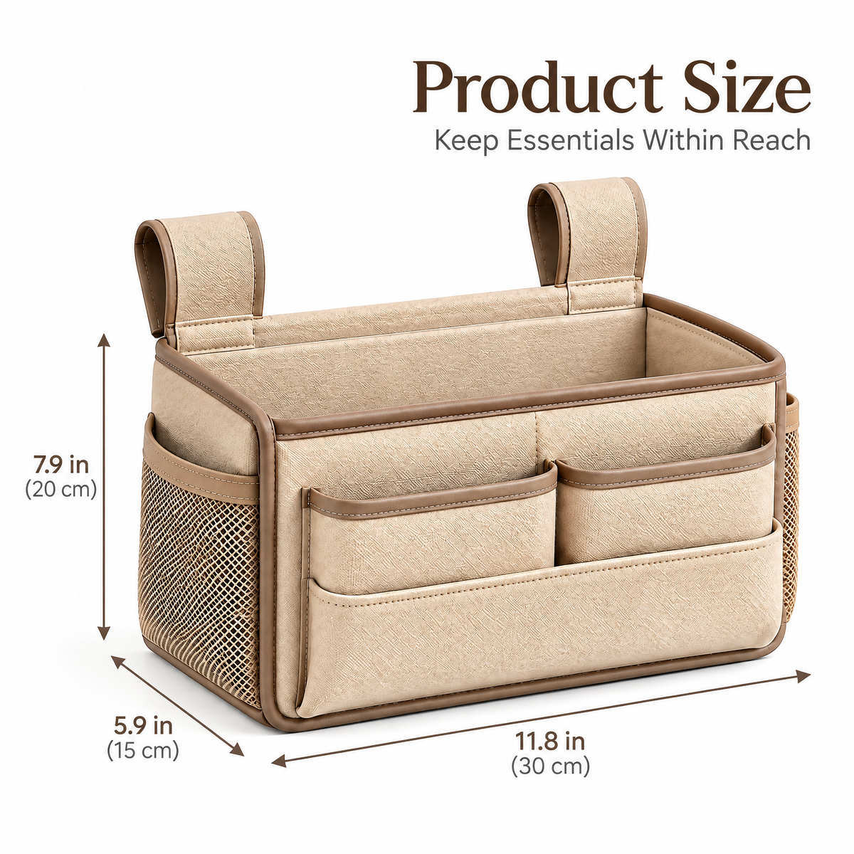 Velmoraeqw™ Bedside Hanging Organizer – Multi-Pocket Bed Caddy with Large Main Compartment, Side Mesh Pockets & Secure Hanging Straps